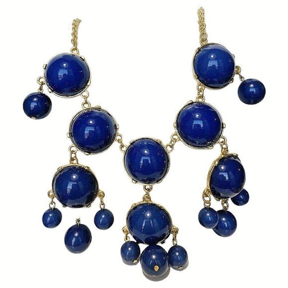 Navy Blue Cabochon Chandelier Statement Necklace 22” Bubbles Runway Gold Tone - Picture 6 of 16